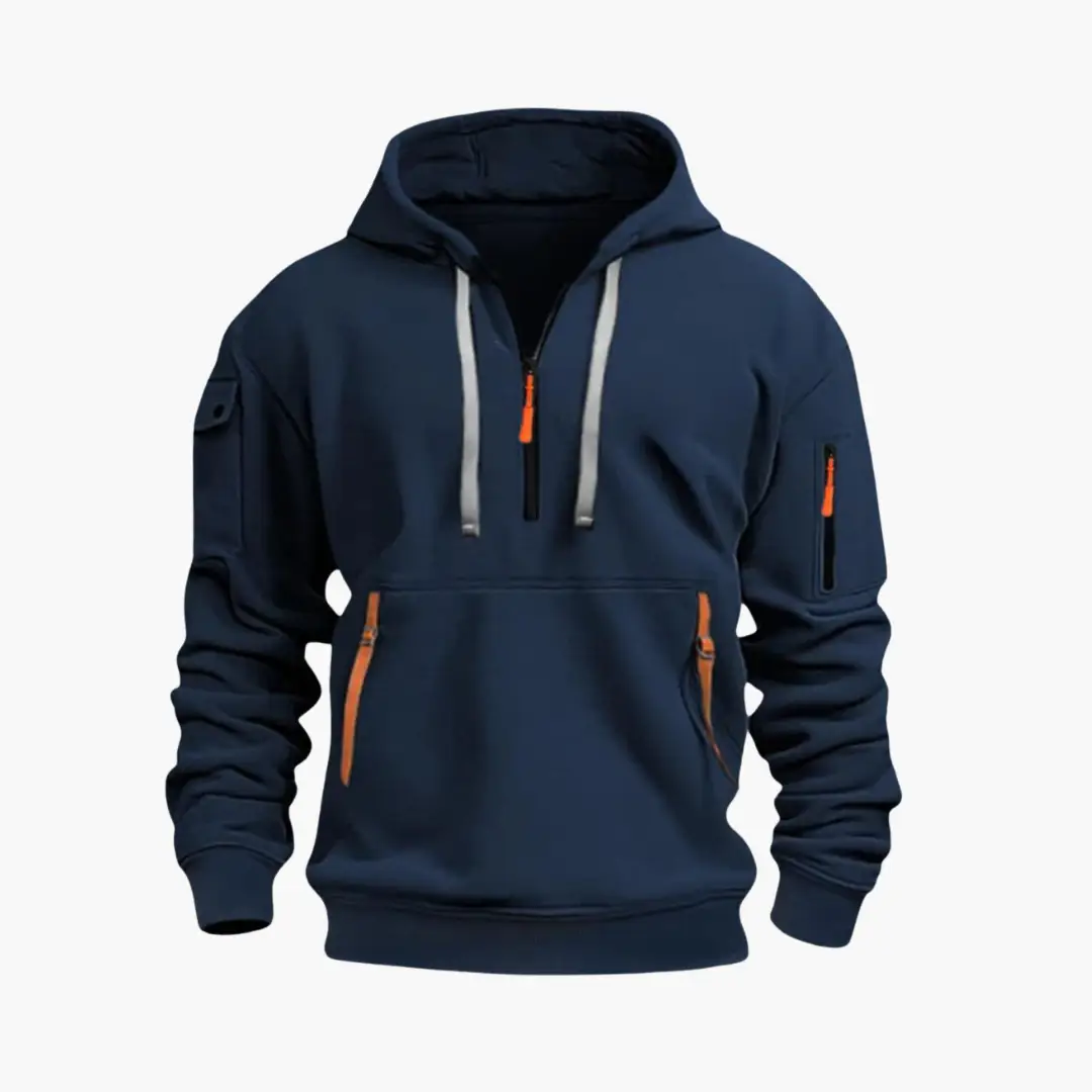 Comfortable men's pullover hoodie, ideal for casual wear, featuring a half-zip and secure pockets.