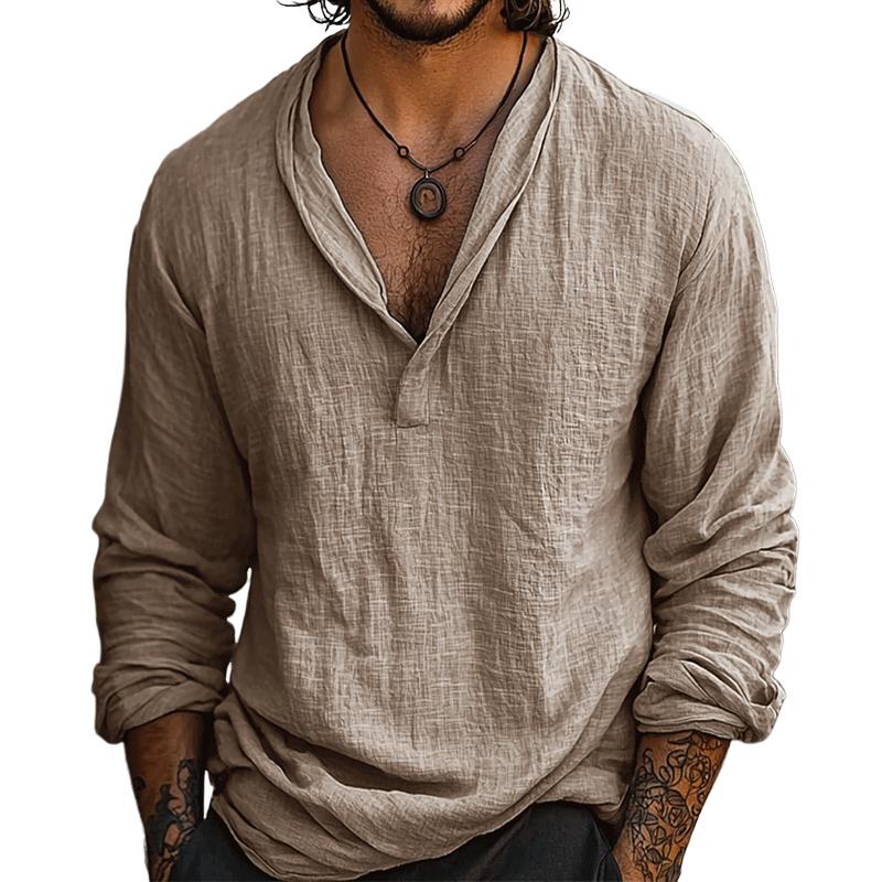 Men's casual Henley long sleeve shirt, perfect for summer everyday wear with a relaxed fit.