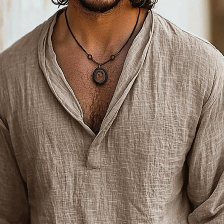Comfortable men's collarless Henley long sleeve shirt, great for a relaxed casual summer look.