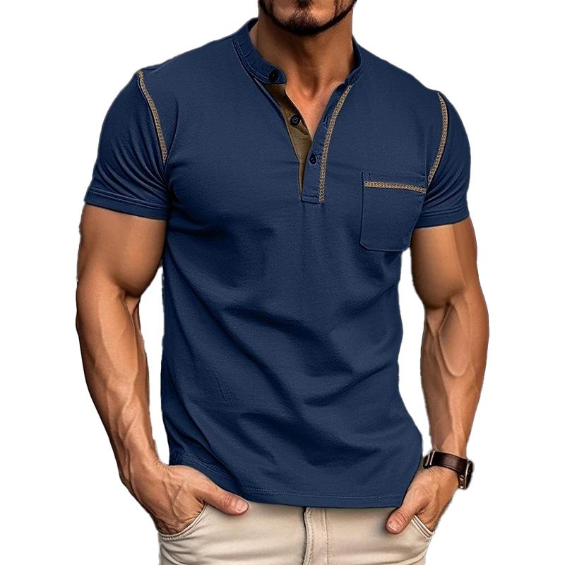 Stylish men's Henley tee with button placket, chest pocket, short sleeves for versatile casual fashion.