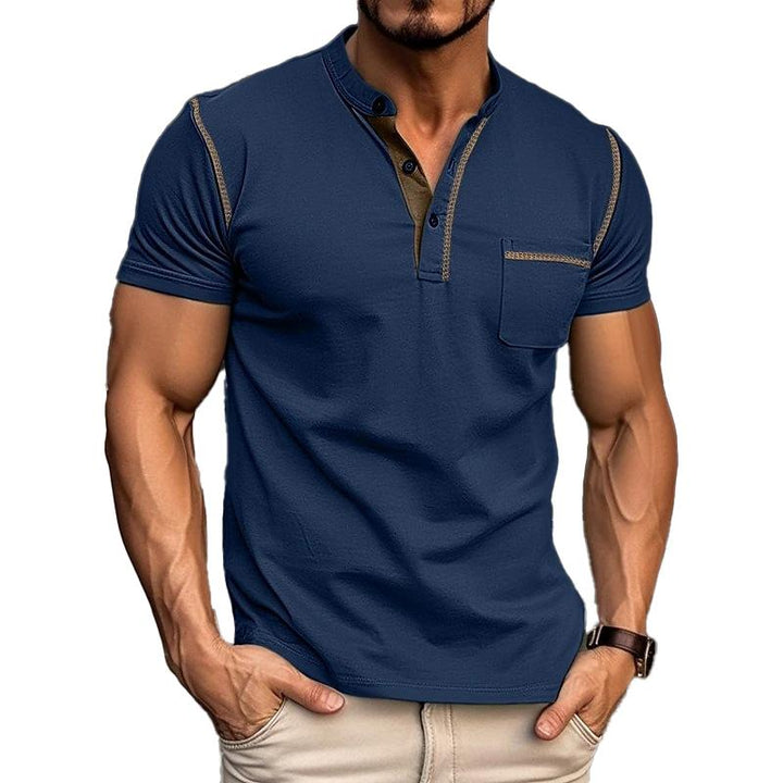 Stylish men's Henley tee with button placket, chest pocket, short sleeves for versatile casual fashion.