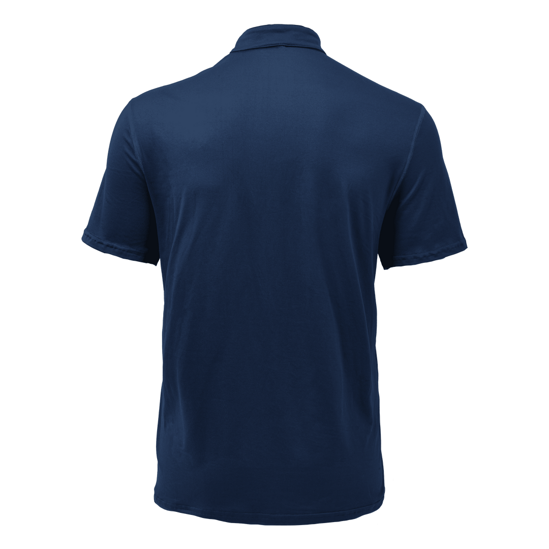 Close-up of men's short-sleeve Henley t-shirt, featuring a neat button placket and chest pocket detail.