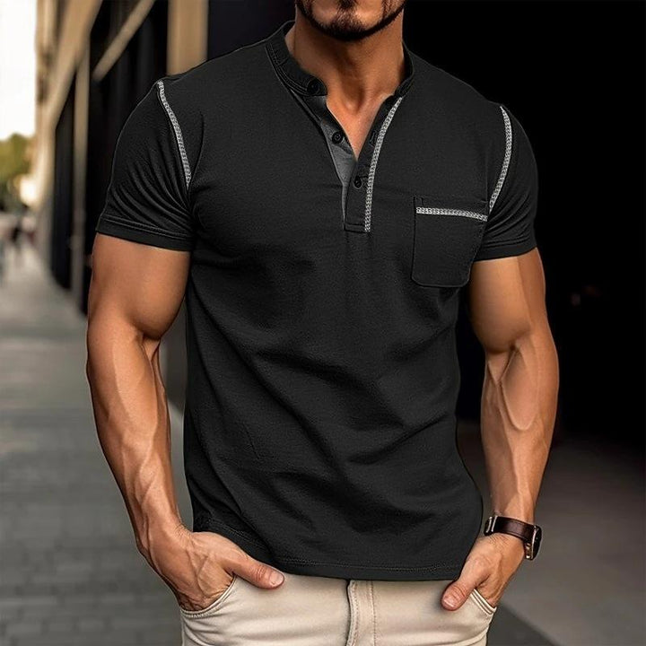 Elevate your casual look with this comfortable men's short-sleeve Henley t-shirt and button placket.