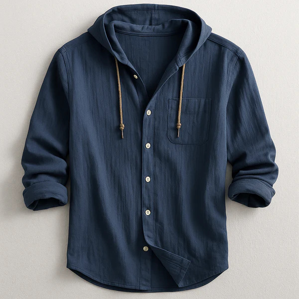 Men's casual hooded button-up shirt with chest pocket & drawstring for stylish everyday layering.