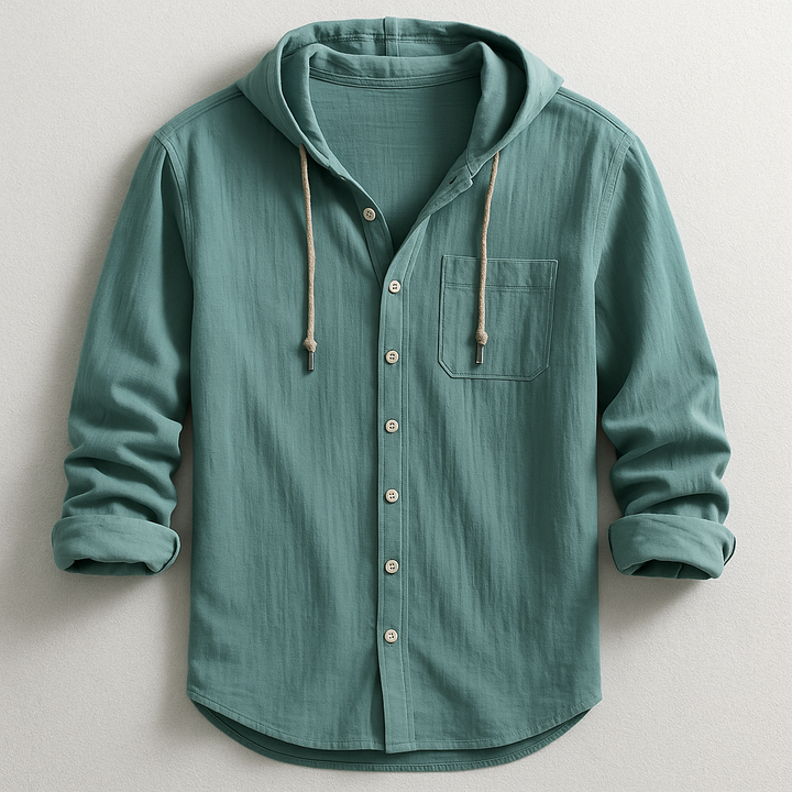 Men's casual hooded button-up shirt with chest pocket, perfect for everyday style & layering.