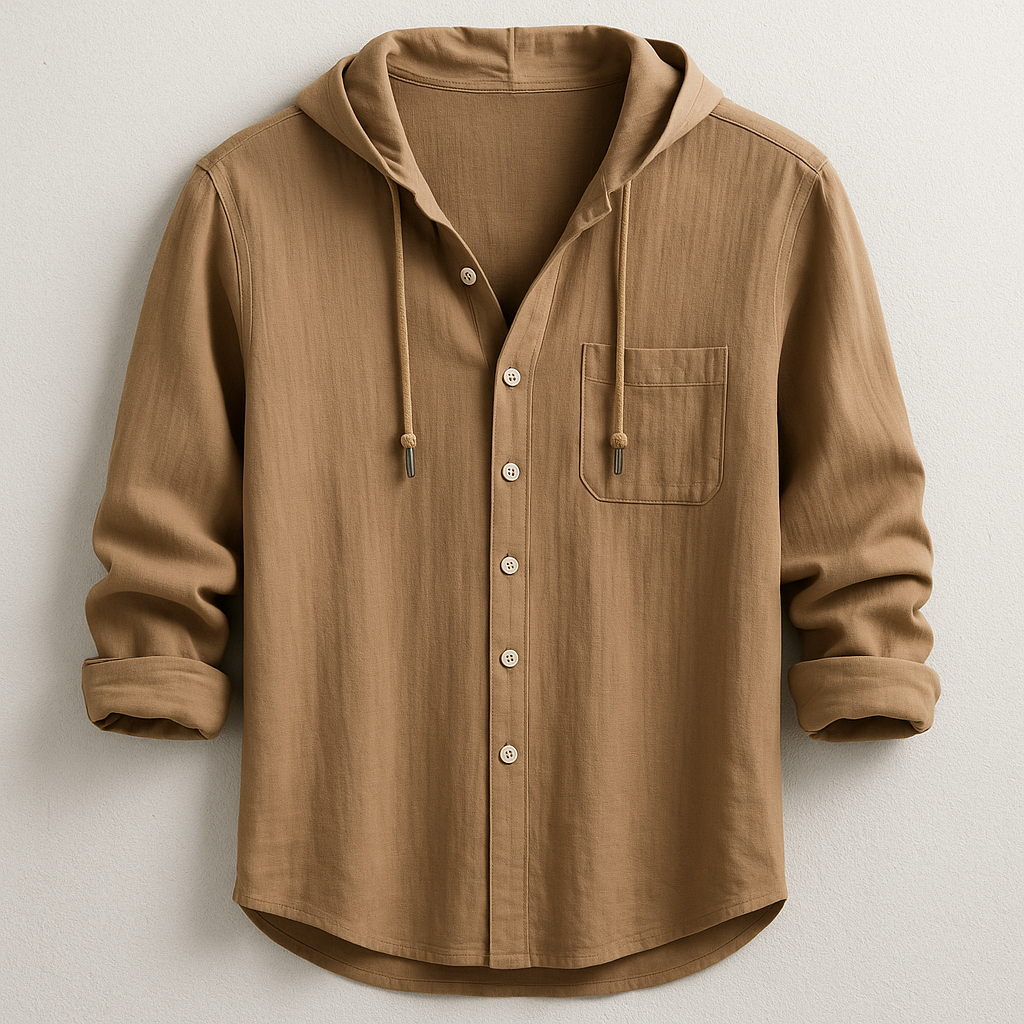 Men's hooded button-up shirt with chest pocket & drawstring hood, ideal for casual men's fashion.