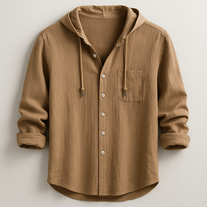Men's hooded button-up shirt with chest pocket & drawstring hood, ideal for casual men's fashion.