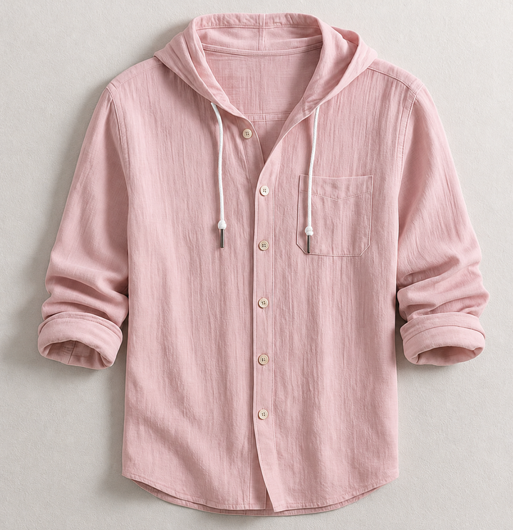 Men's casual button-up hooded shirt with chest pocket & drawstring for versatile men's everyday wear.
