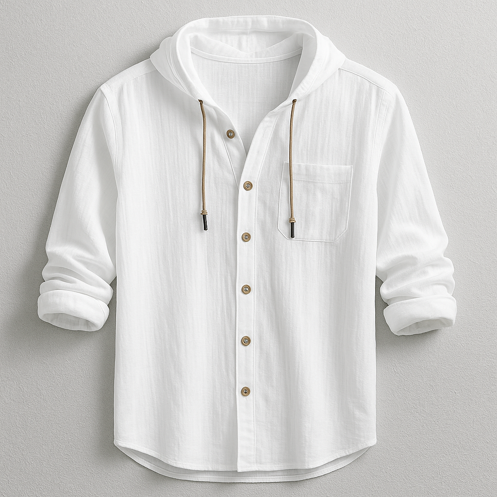 Versatile men's casual hooded button-up shirt with chest pocket, perfect for stylish everyday layering.