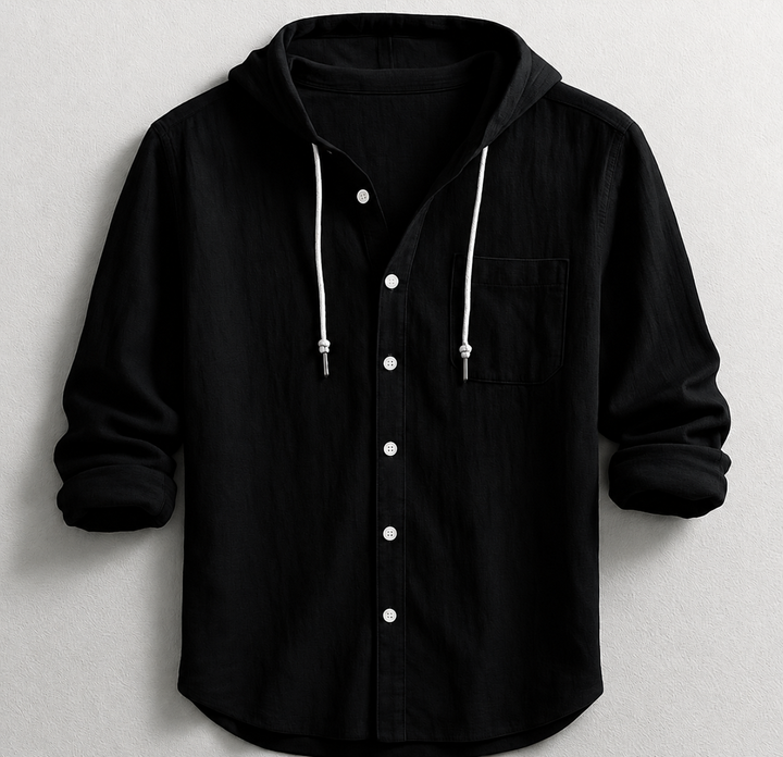 Men's fashion hooded button-up shirt with chest pocket & drawstring hood for a casual, stylish look.