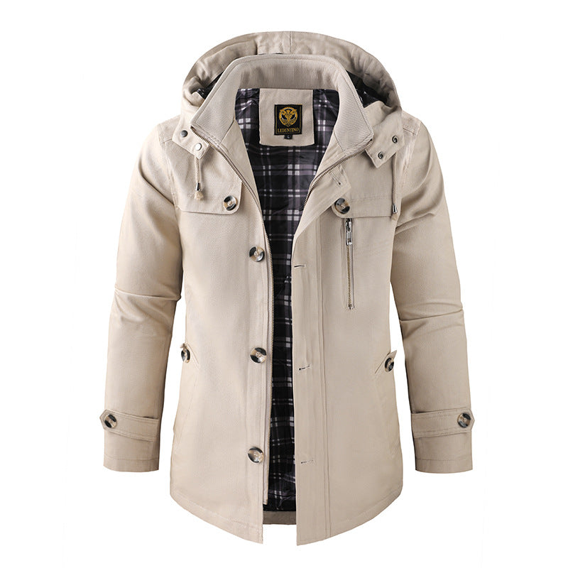 Stylish men's casual hooded coat, available in brown, black, and khaki for all seasons.