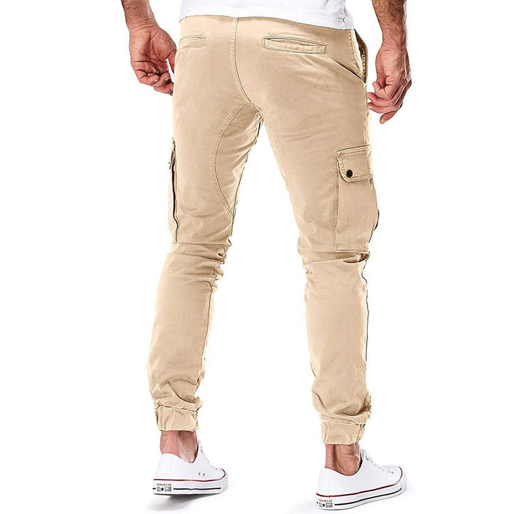 Men's black cargo pants with elasticated waist and ankle cuffs for a modern casual look
