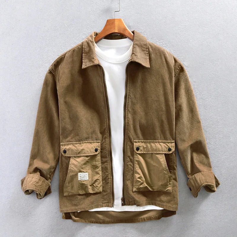 Men's casual khaki corduroy zip-up jacket, perfect for fall fashion outerwear, shown on a mannequin.