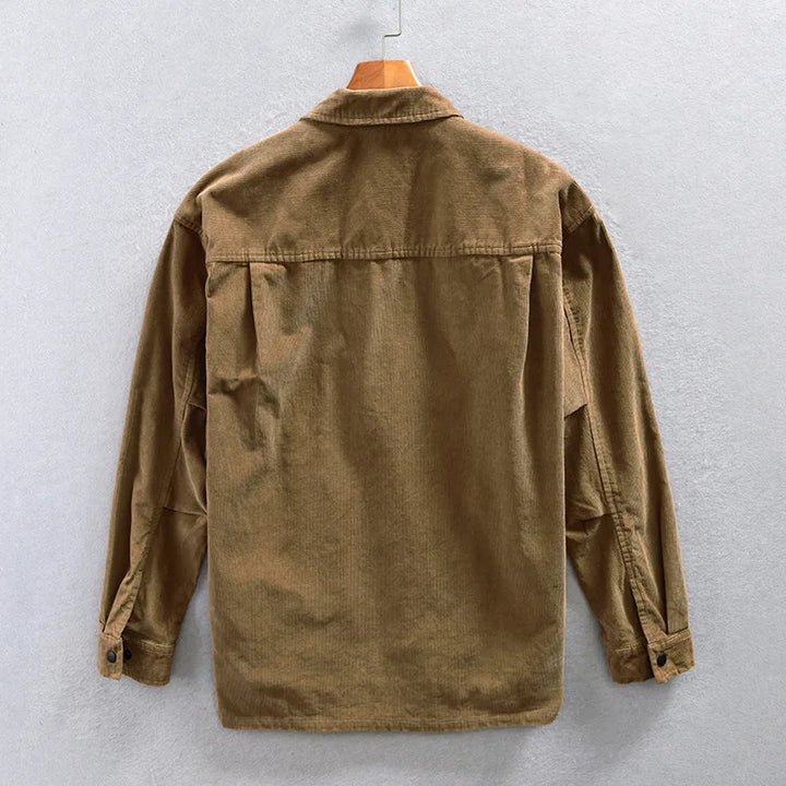 Front view of a zip-up men's corduroy jacket in khaki, showcasing its texture and casual style.