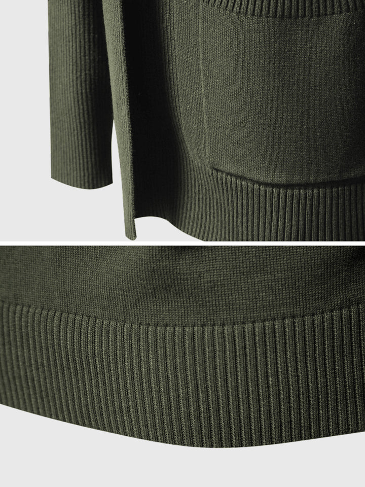 Back view of a men's casual knit cardigan, showing the relaxed fit and drape of the fabric.