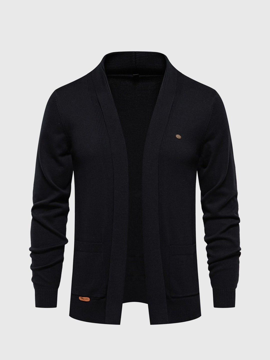 Studio shot of a men's knit cardigan, emphasizing its open-front style and comfortable cotton blend.