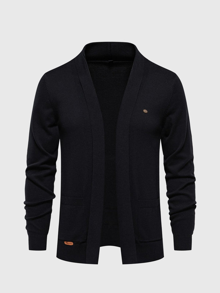 Studio shot of a men's knit cardigan, emphasizing its open-front style and comfortable cotton blend.