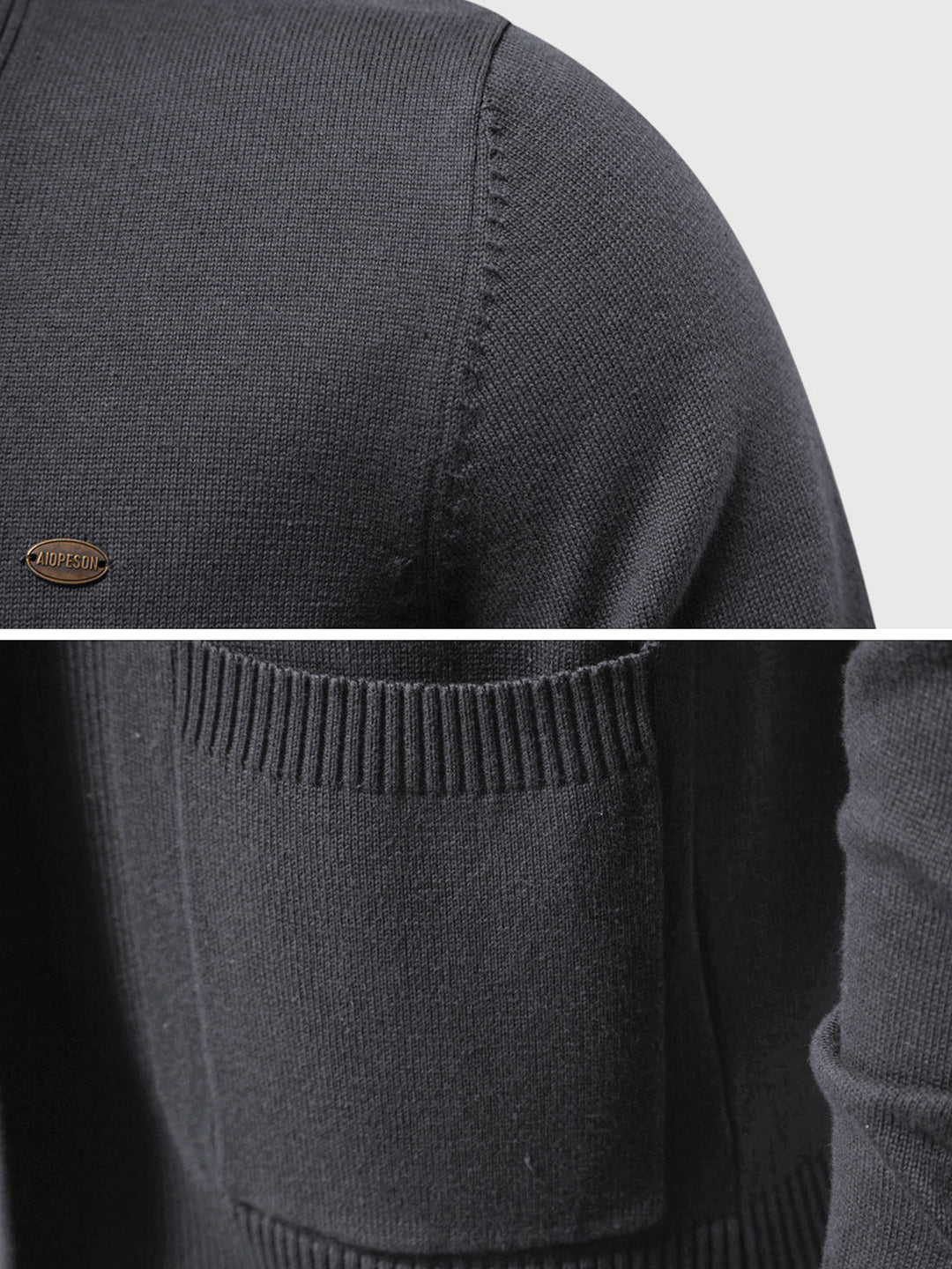 Close-up of the knit texture on a men's open-front cardigan, showcasing the quality of the fabric.