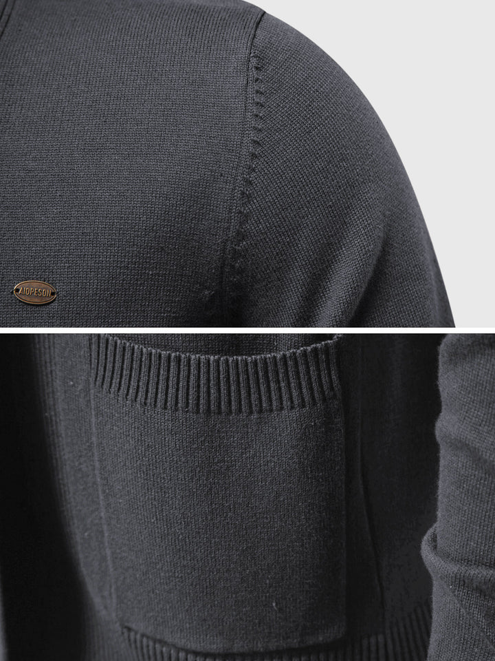 Close-up of the knit texture on a men's open-front cardigan, showcasing the quality of the fabric.