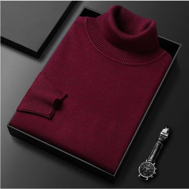 Men's spring casual knit turtleneck sweater on a hanger, showcasing its elegant drape.