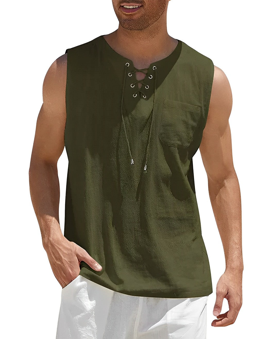 Men's casual lace-up V-neck tank top, ideal for summer, beach, or holiday wear.