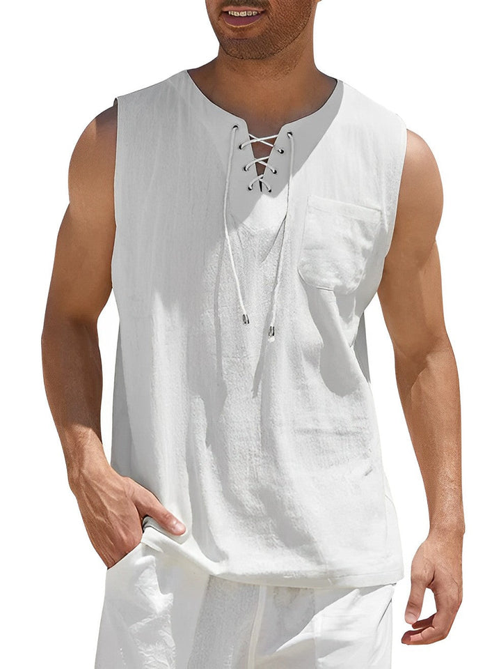 Men's casual lace-up V-neck tank. Lightweight, sleeveless, and comfortable for summer beach & holiday fun.