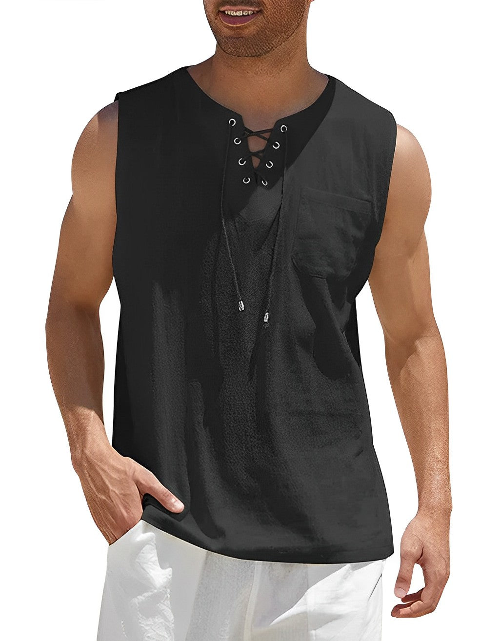Lightweight, loose-fit men's V-neck tank top with lace-up detail. Comfortable sleeveless summer casual wear.
