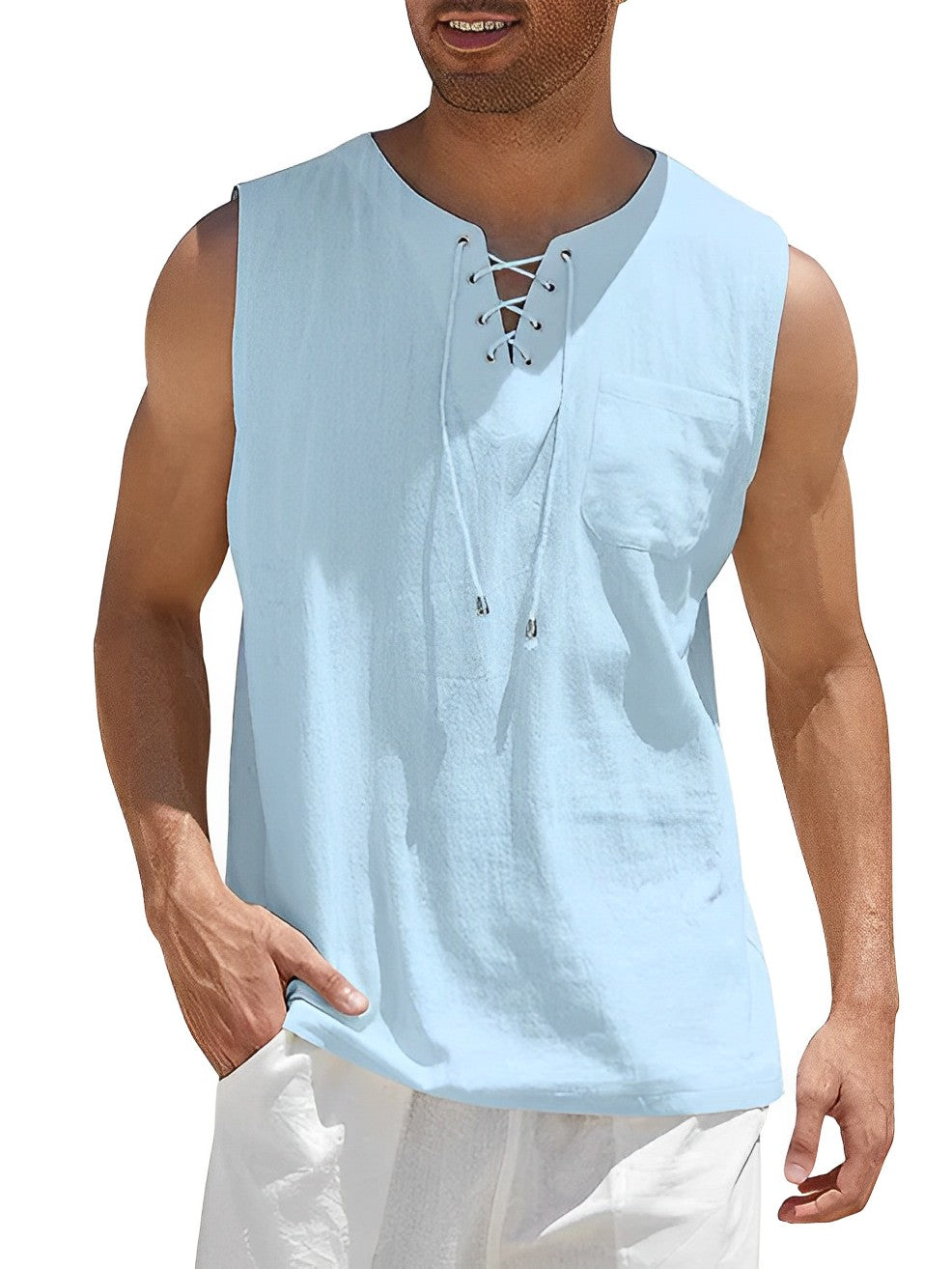 Stylish men's lace-up V-neck tank top, perfect for beach, vacation, or casual summer outfits.