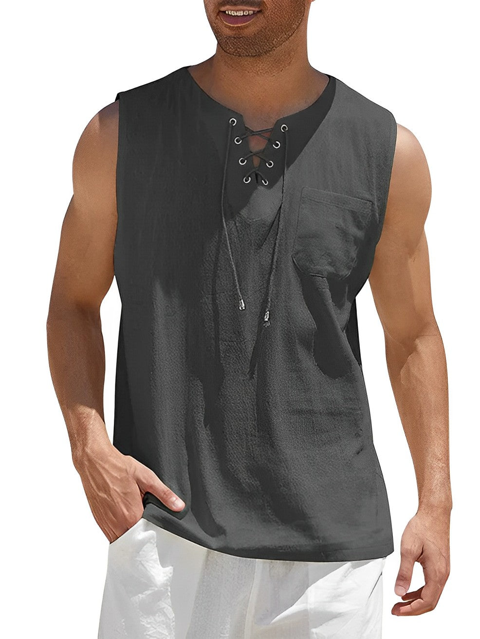 Sleeveless men's V-neck top with lace-up front. Great for relaxed summer fashion & beach outings.
