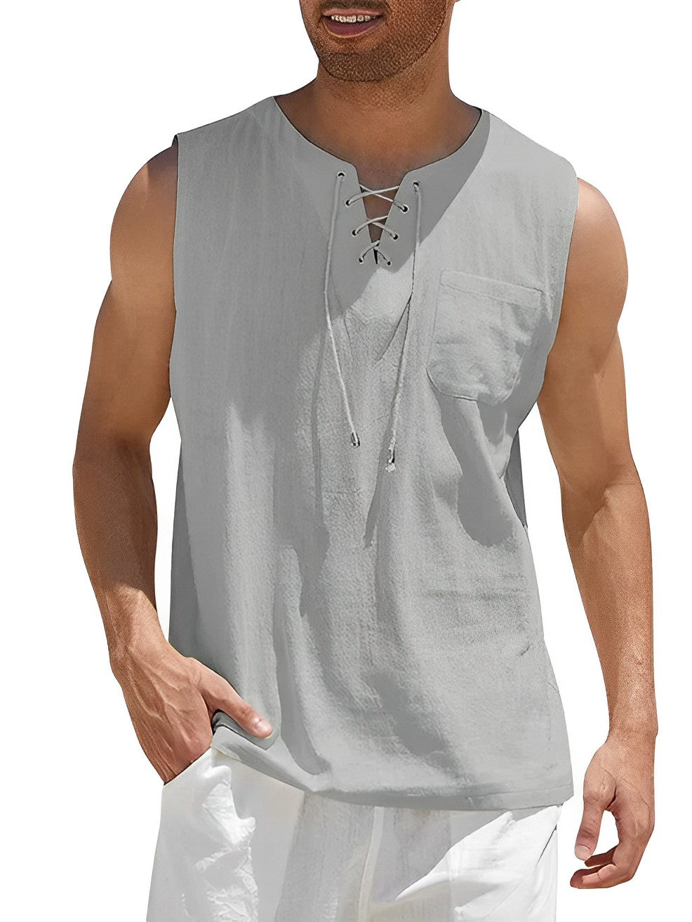 Casual men's lace-up V-neck tank top, a comfortable sleeveless choice for summer holidays & beach style.