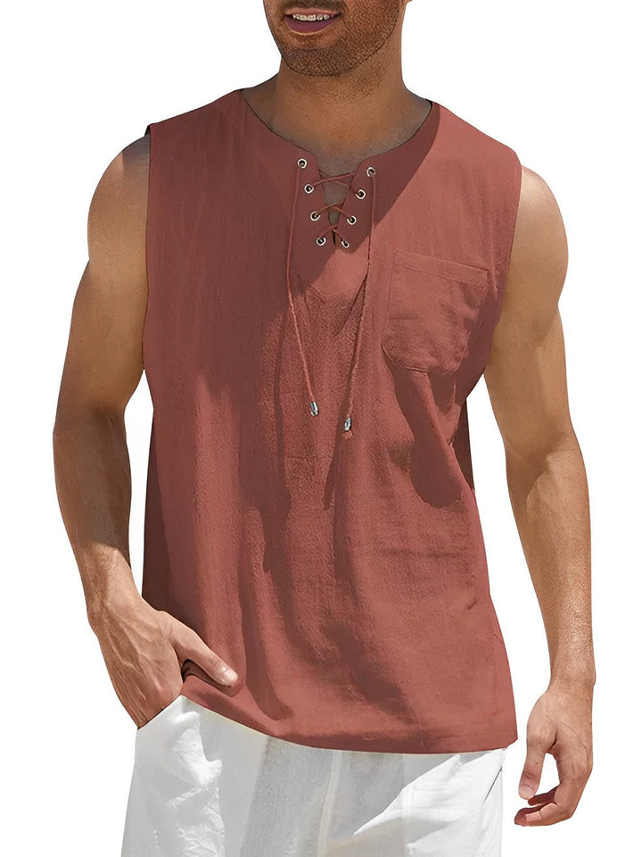 Trendy men's loose-fit V-neck tank with lace-up detail. Perfect lightweight summer & beachwear.