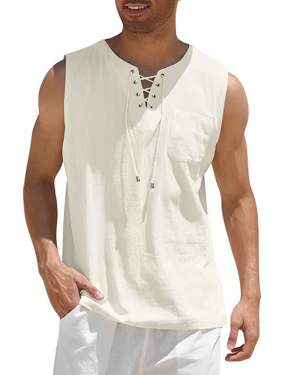 Comfortable & lightweight men's lace-up V-neck sleeveless top. Ideal for summer casual & holiday.