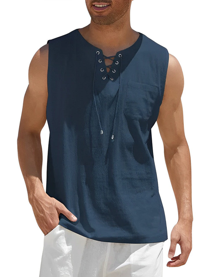 Men's V-neck tank top with adjustable lace-up front. Perfect for summer, beach, and casual holiday styles.