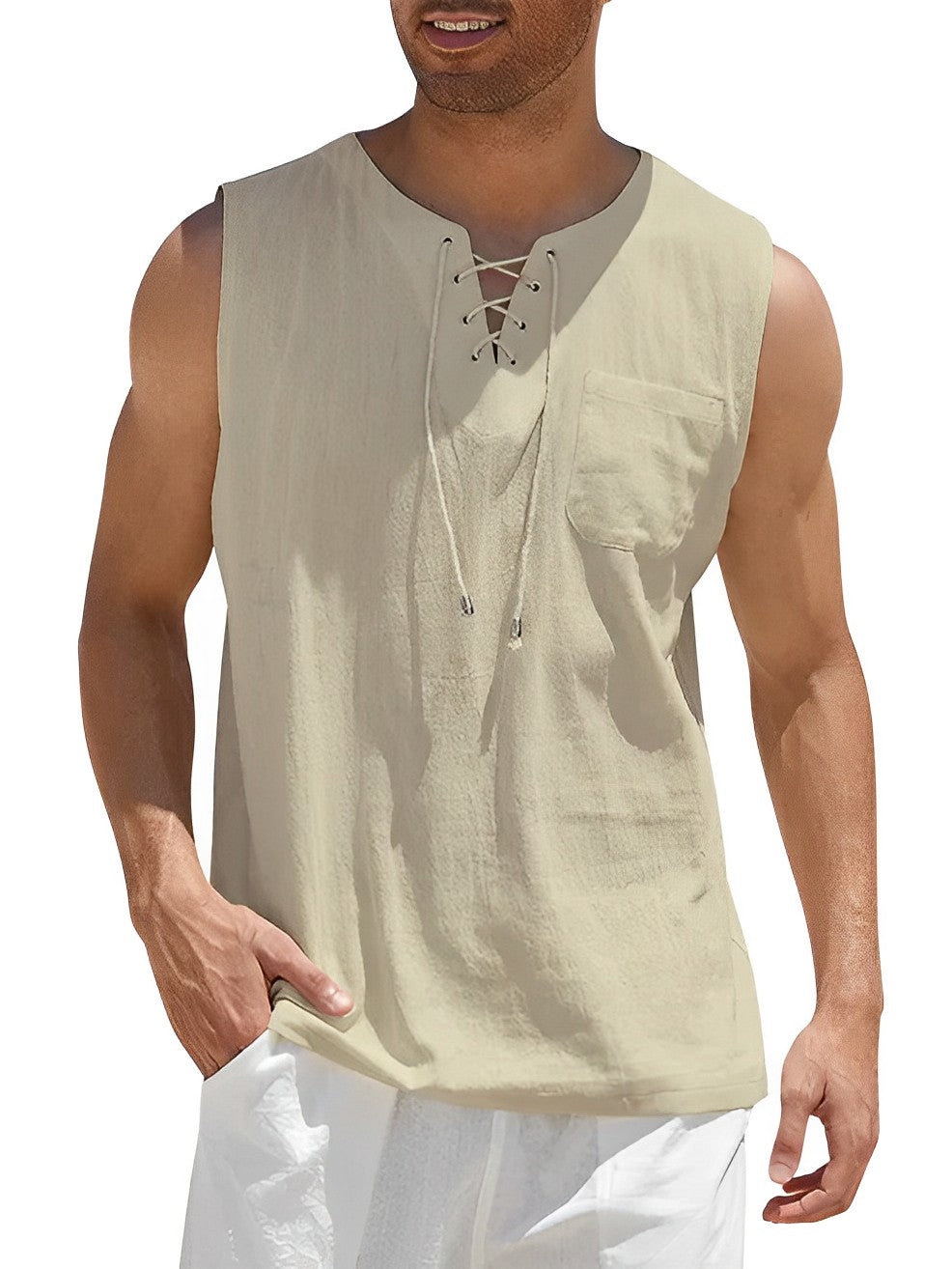 Stylish men's V-neck lace-up tank top for versatile summer fashion, beach, holiday, or casual wear.