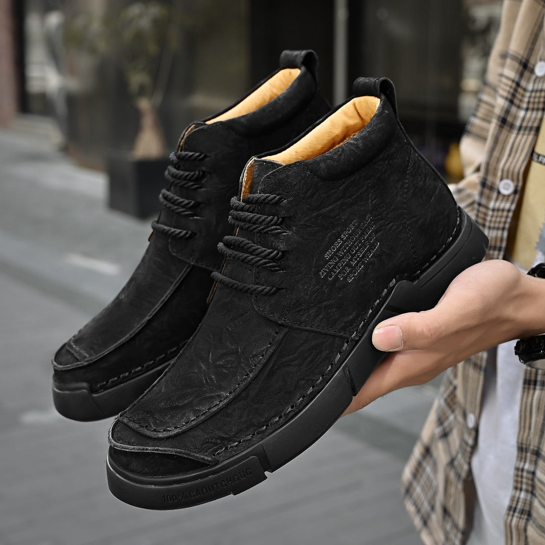 Men's fashion high-top leather boots, soft sole adds orthopedic comfort for winter style.