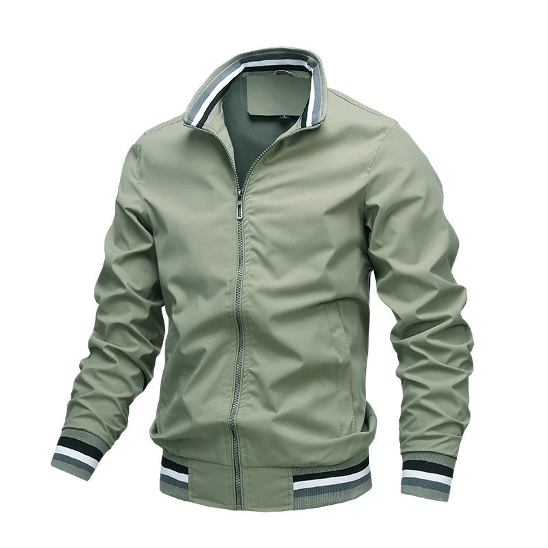 Back view of a men's lightweight bomber jacket, a stylish and casual spring/fall outerwear piece.