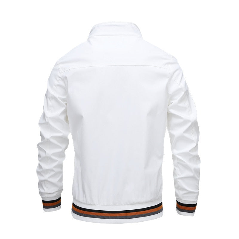 Side profile of a men's casual lightweight bomber jacket, versatile spring/fall outerwear for men.