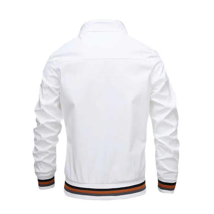 Side profile of a men's casual lightweight bomber jacket, versatile spring/fall outerwear for men.