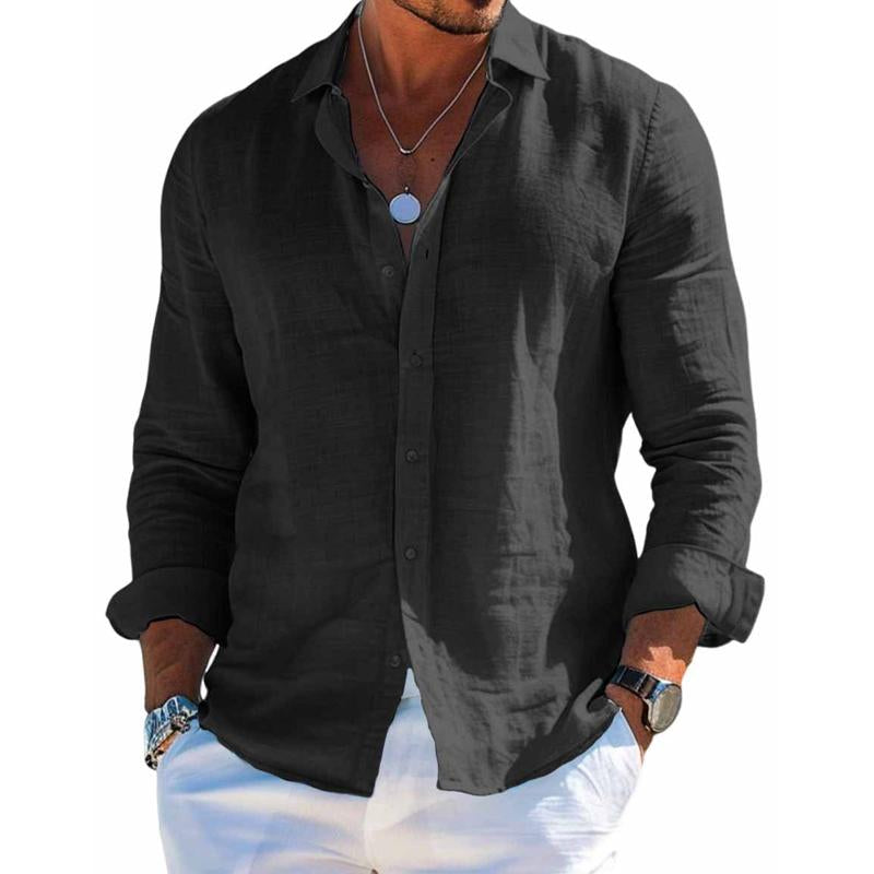 Men's regular fit long sleeve button-up shirt, a staple casual top for summer and holiday wardrobes.