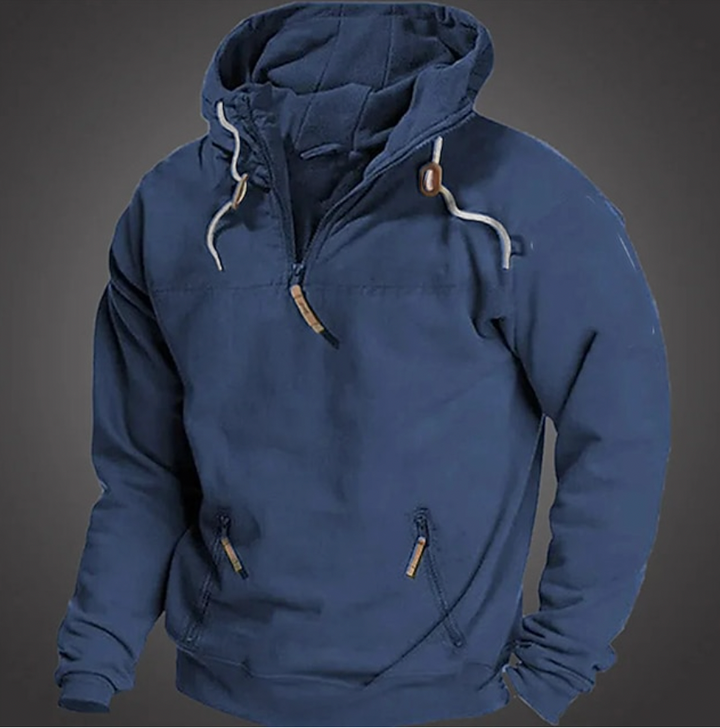 Close-up of the half-zip detail on a men's comfortable casual long sleeve hoodie, ideal for men's apparel