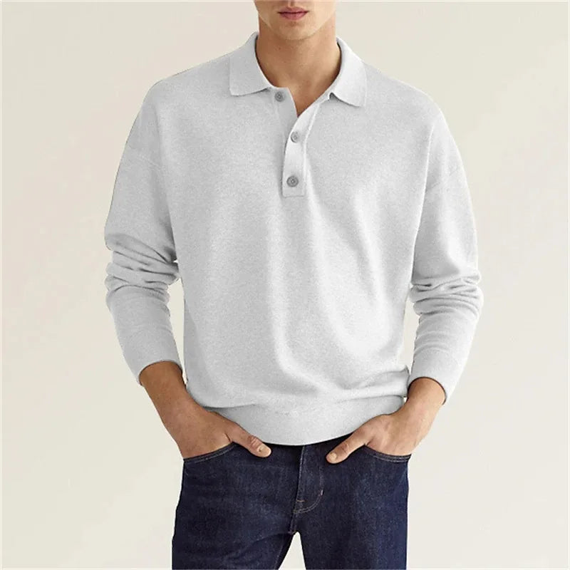 Men's casual long sleeve knit polo shirt in black, perfect for smart-casual menswear
