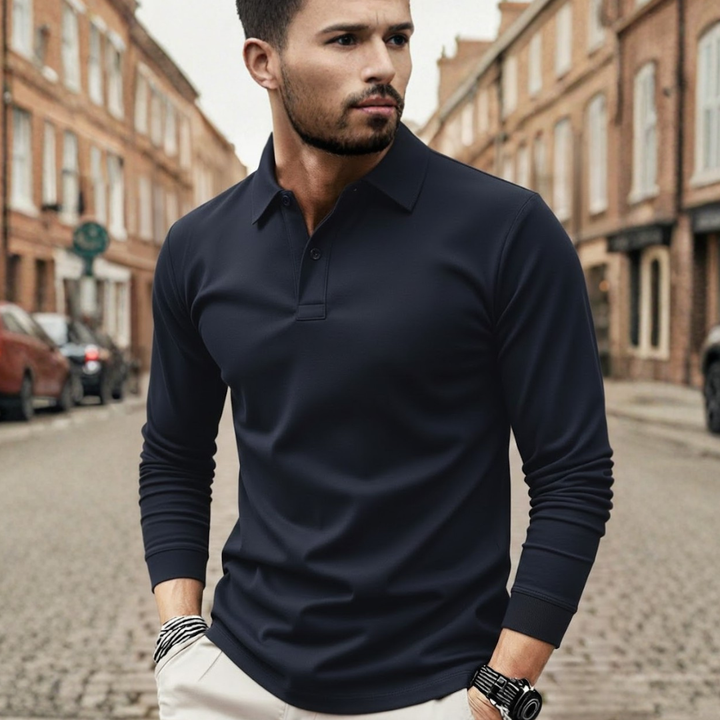 Solid color men's long sleeve polo shirt, relaxed fit, ideal for spring fashion & autumn wear.