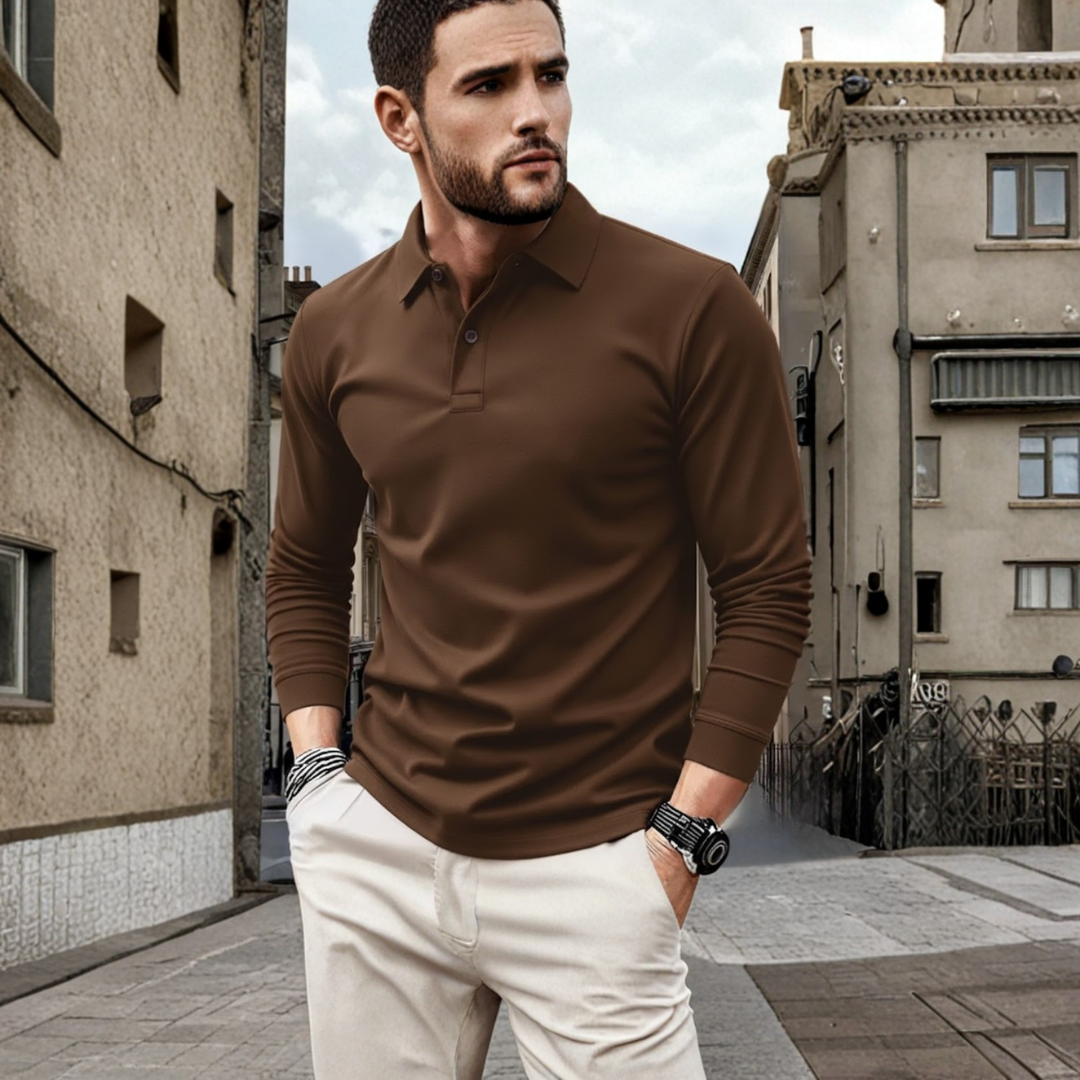 Comfortable men's casual long sleeve polo, relaxed fit, stylish everyday top for men.