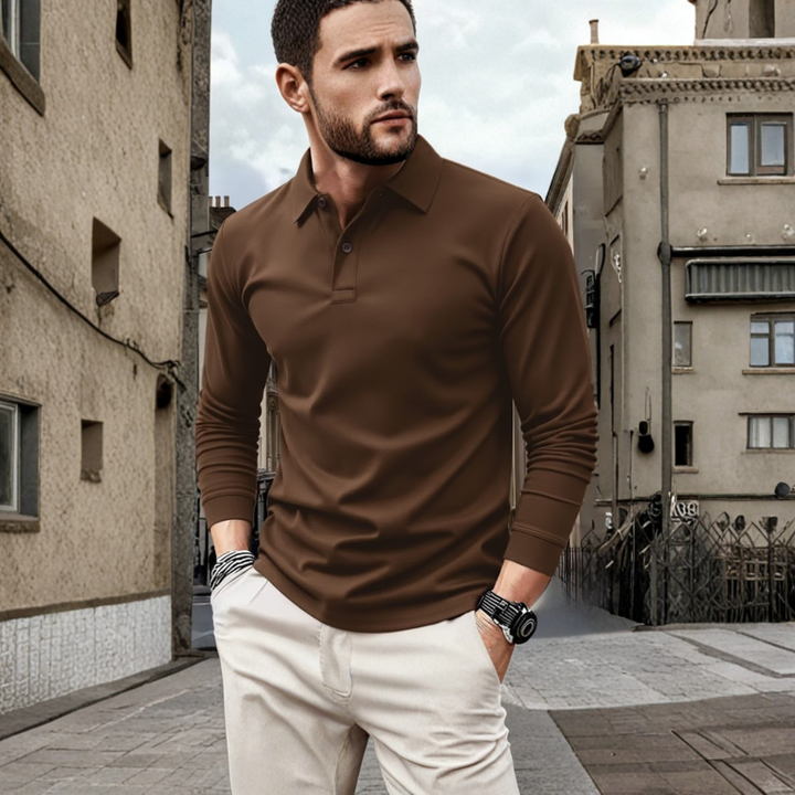 Comfortable men's casual long sleeve polo, relaxed fit, stylish everyday top for men.
