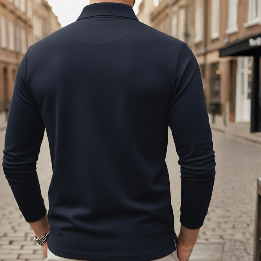 Stylish men's casual long sleeve polo shirt, relaxed fit, great for spring, autumn, and everyday style.