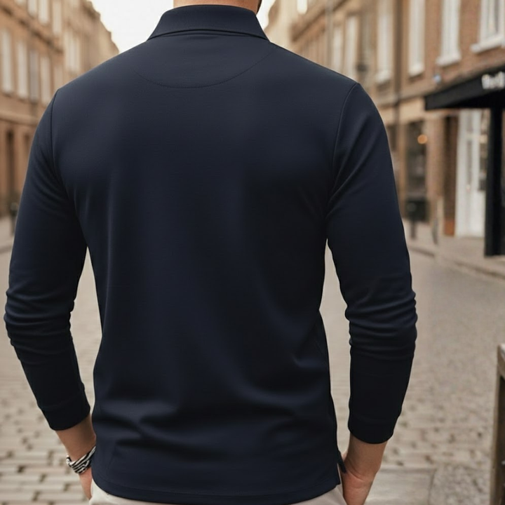 Stylish men's casual long sleeve polo shirt, relaxed fit, great for spring, autumn, and everyday style.