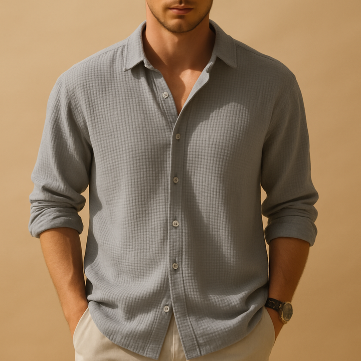Men's smart casual long sleeve shirt in solid color with a stand collar. Versatile button-up for everyday men's style.