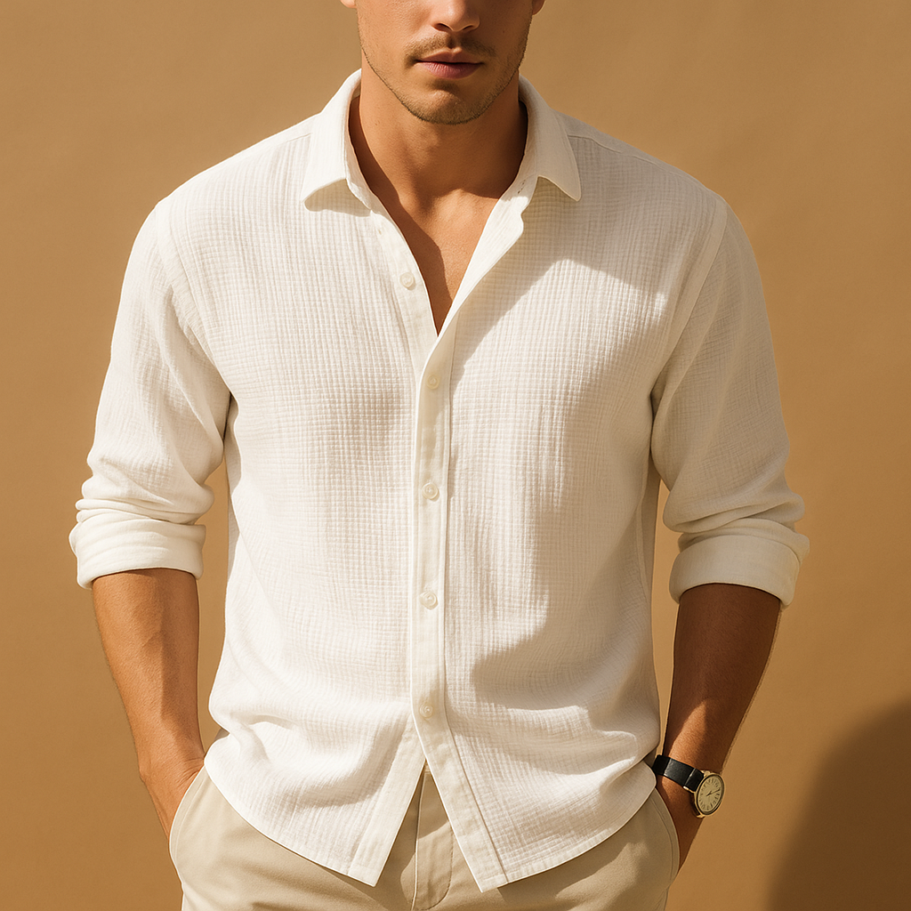 Stylish men's long sleeve stand collar shirt. Solid color, button-up, a key piece for modern men's casual fashion.