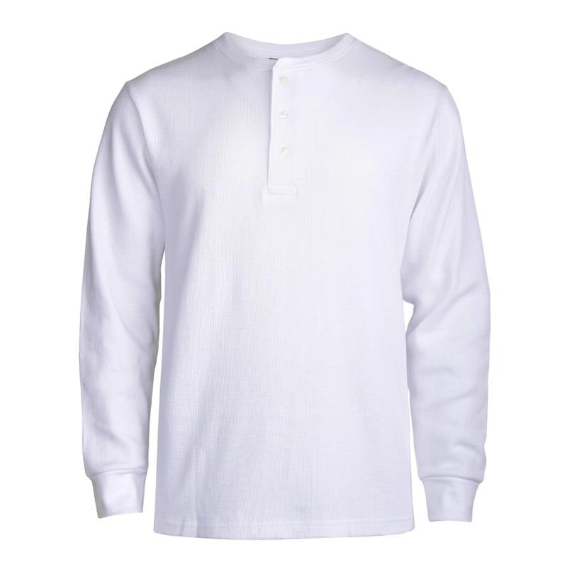 Waffle knit Henley long sleeve top for men made of soft cotton, ideal for everyday casual wear.