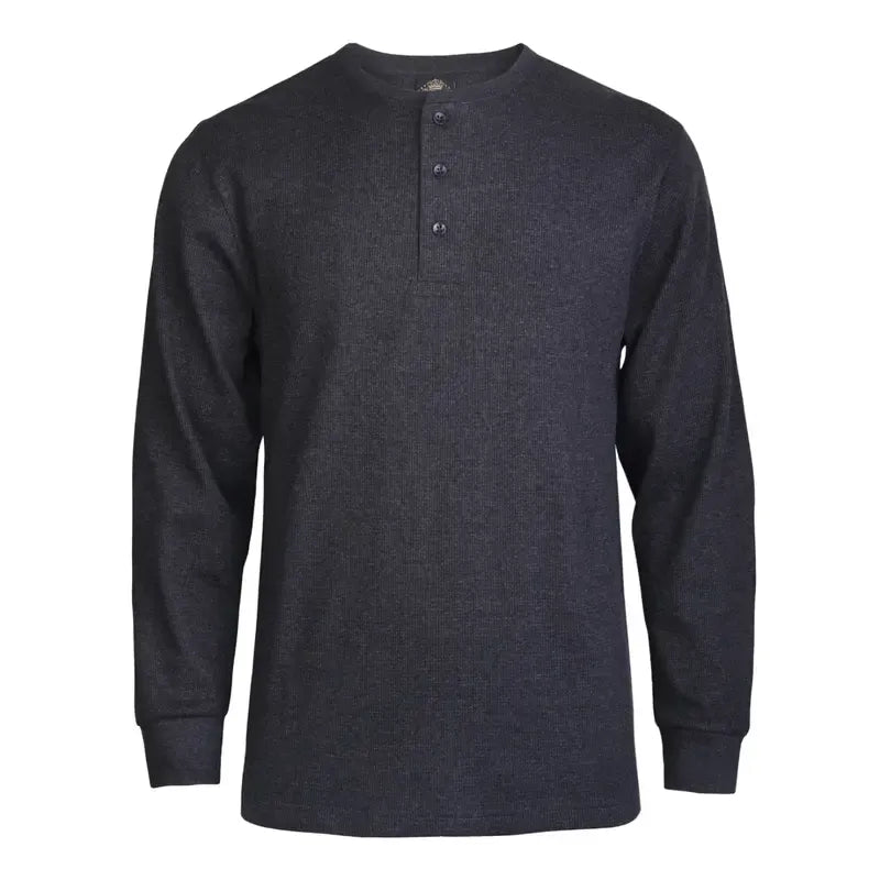 Casual men's fashion: long sleeve waffle knit Henley top in a versatile shade, great for layering.